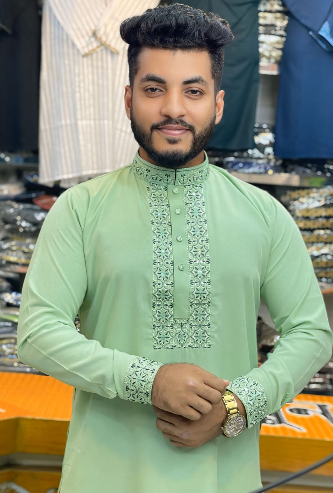 Code-1 ( Code: 1 ) প্রিমিয়াম চায়না মাইক্রো স্টিচ সিকোয়েন্স এমব্রয়ডারি পাঞ্জাবি - Image 1