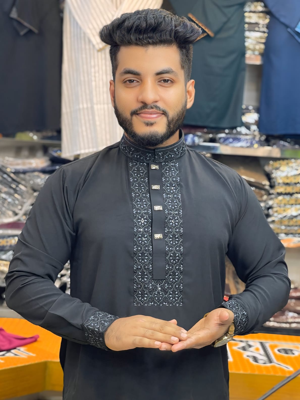 Code-2 ( Code: 1 ) প্রিমিয়াম চায়না মাইক্রো স্টিচ সিকোয়েন্স এমব্রয়ডারি পাঞ্জাবি - Image 1