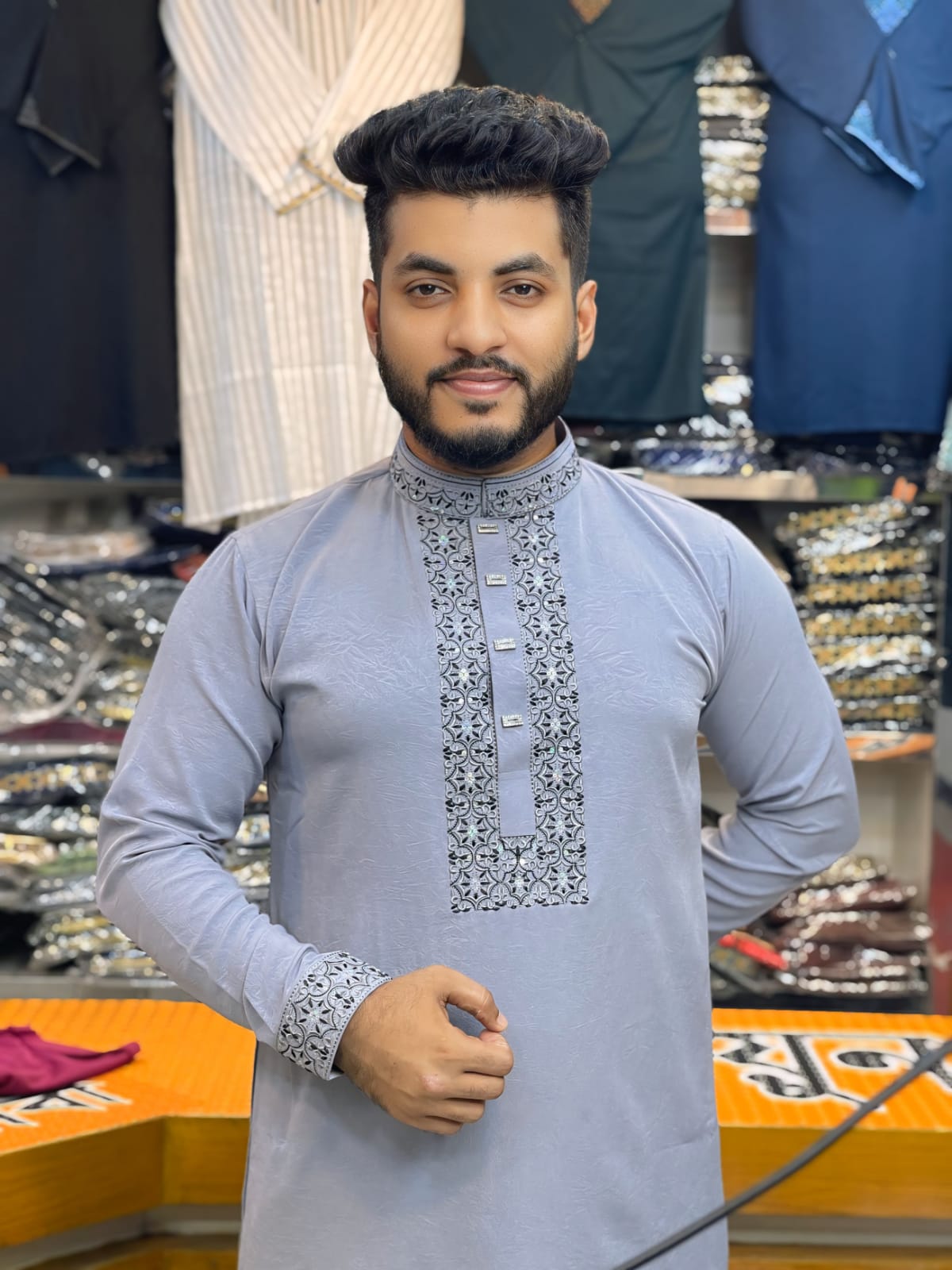 Code-5 ( Code: 5 ) প্রিমিয়াম চায়না মাইক্রো স্টিচ সিকোয়েন্স এমব্রয়ডারি পাঞ্জাবি - Image 1